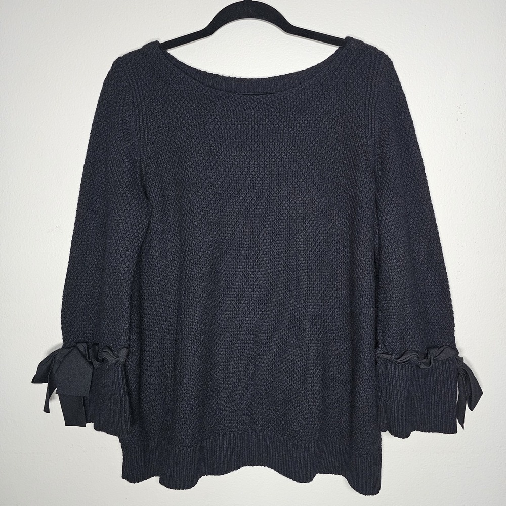 Talbots Womens 2XP Petite Black Tight Knit‎ Pullover Sweater Tie-Cuff Sleeve Top